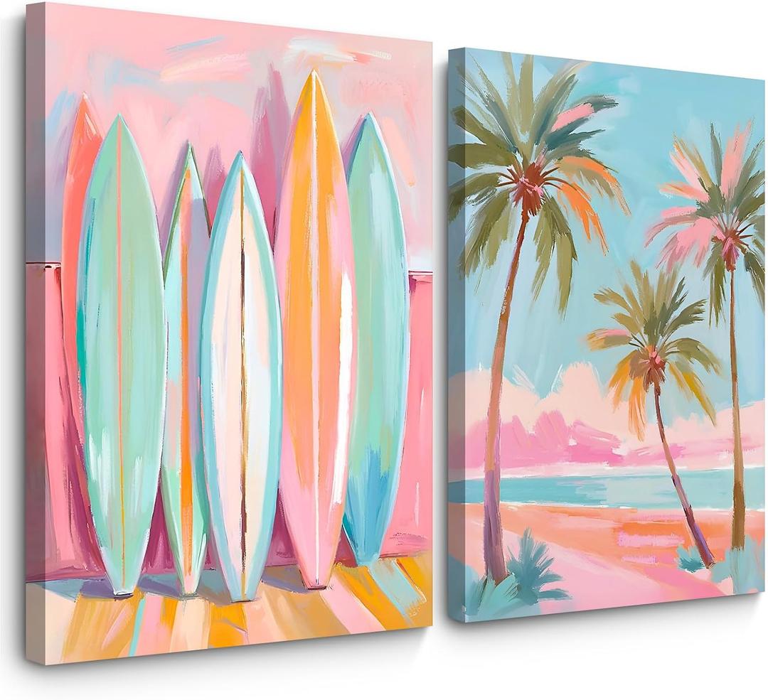 Pink Beach Wall Art Coastal Canvas Pictures Palm Tree Wall Decor Summer Surf Poster Pastel Ocean Painting Tropical Beachy Prints Preppy Aesthetic Artwork for Girl Room Bedroom 16x24 Inch Ready to Hang