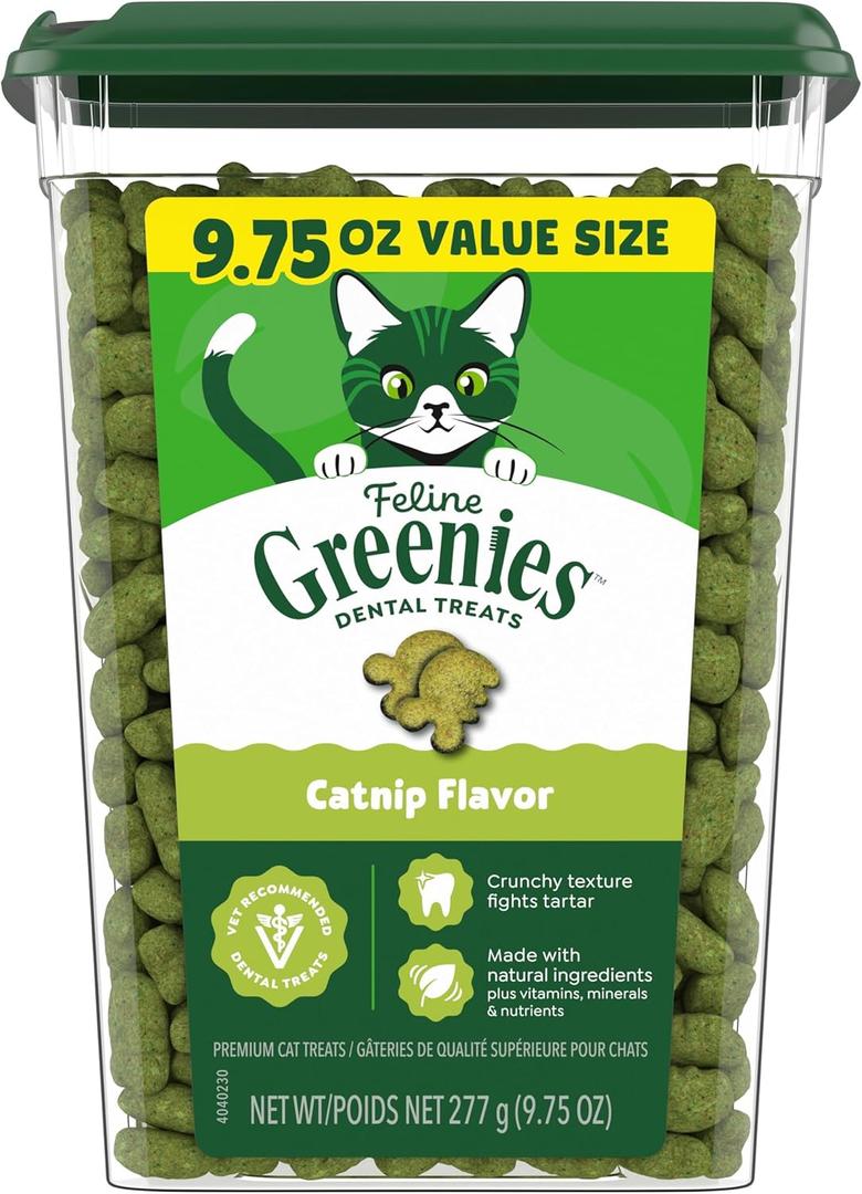 Greenies Cat Treats, Feline Veterinarian-Recommended Adult Natural Dental Treats, Catnip Flavor, 9.75 oz. Tub (EXP 09/01/27)