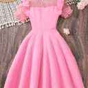 NEW 6-14 Years Girls Dress Mesh Polka Dot Ruffle Sleeve A-Line Party Skater Dress Wedding Guest Graduation Formal (Pink), 13-14Y