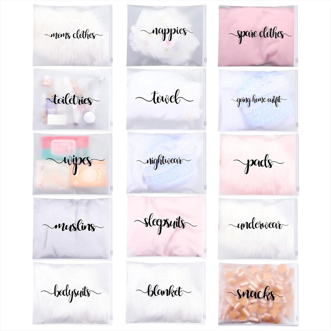 Boao 15 Pack Hospital Bags for Labor and Delivery 11 x 14 Inch Diaper Bag Organizing Pouches Resealable Maternity Hospital Pouches(Black Letter)