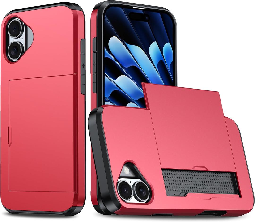 Compatible with iPhone 17 Case with Card Holder, for iPhone 17 Phone Case Shockproof Heavy Duty Protective Cover (Red)
