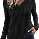 Tankaneo Womens Lace V Neck Tunic Tops Long Sleeve Ribbed Knit Shirts Fall Casual Basic Tees, M