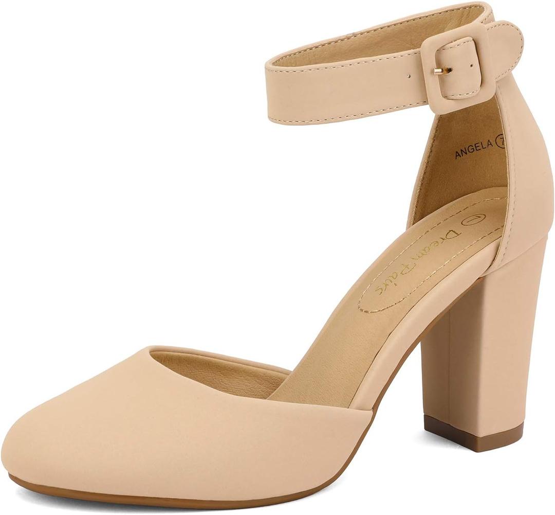 DREAM PAIRS Women's High Heel Ankle Strap Closed Toe Chunky Wedding Party Pumps Shoes, Size 7.5, Nude/ Nubuck, Angela