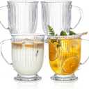 KEMORELA 4-Pack Ribbed Glass Coffee Mugs with Handle, Clear Large Coffee Mug 16 Oz With Handles for Hot Beverages, Durable Tea & Espresso Cups, Stylish Drinkware Set
