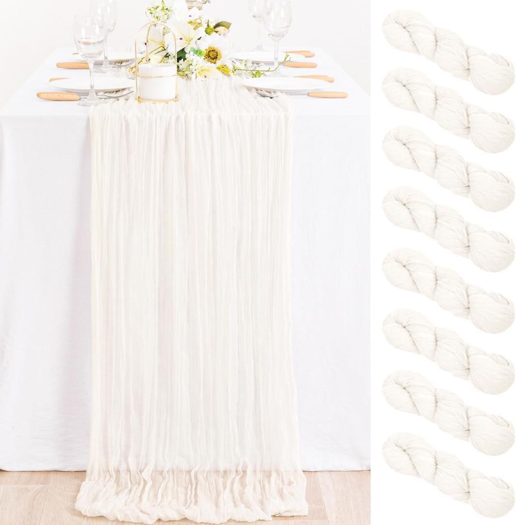 MLMC 8 Pack Ivory White Table Runner Rustic Gauze Cheesecloth Table Runner 10ft Cheese Cloth Cenerpiece 35x120 Inches for Dessert Anniversary Wedding Bridal Baby Shower Decor