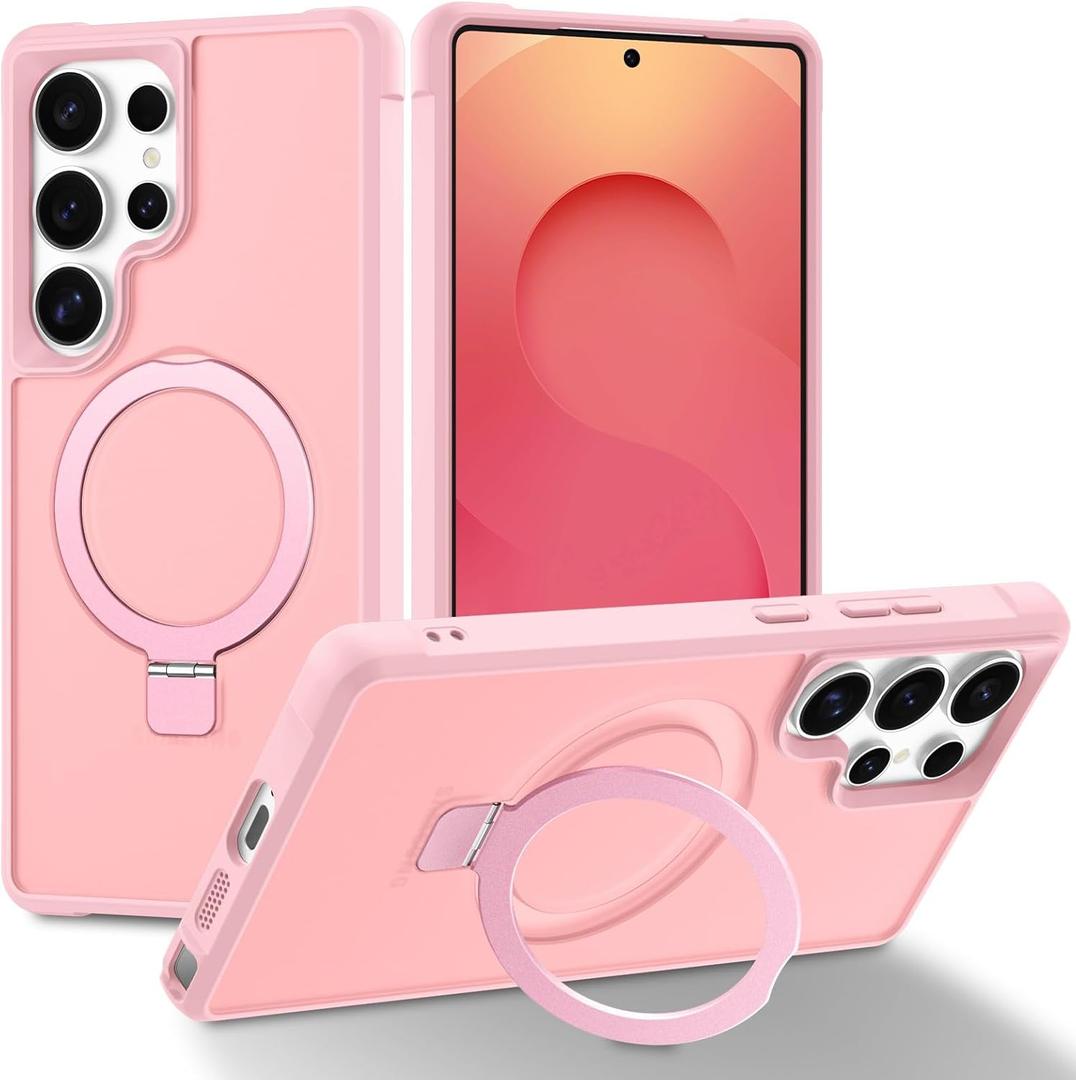 Magnetic Compatible with Samsung Galaxy S25 Ultra Case with Stand [Military Grade Drop][Compatible with Magnet] Ring Holder Translucent Slim Hard Back Soft Edge, Pink