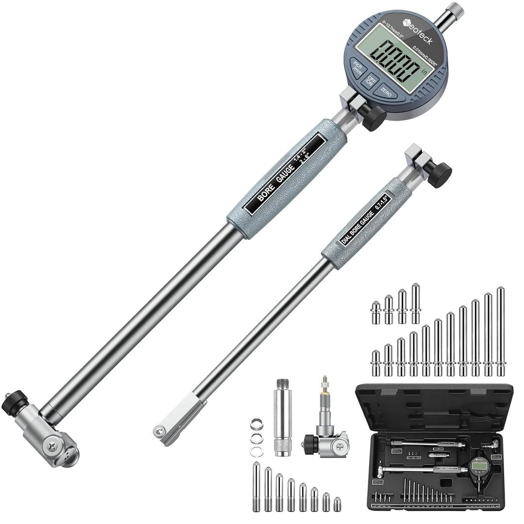 Neoteck Digital Dial Indicator Bore Gauge with 0.7"-6"/0.0005" Measuring Range and 6" Measuring Depth Dial Bore Gauge Set with 23PCS Anvils for Engine Cylinder Measurement (Silver)
