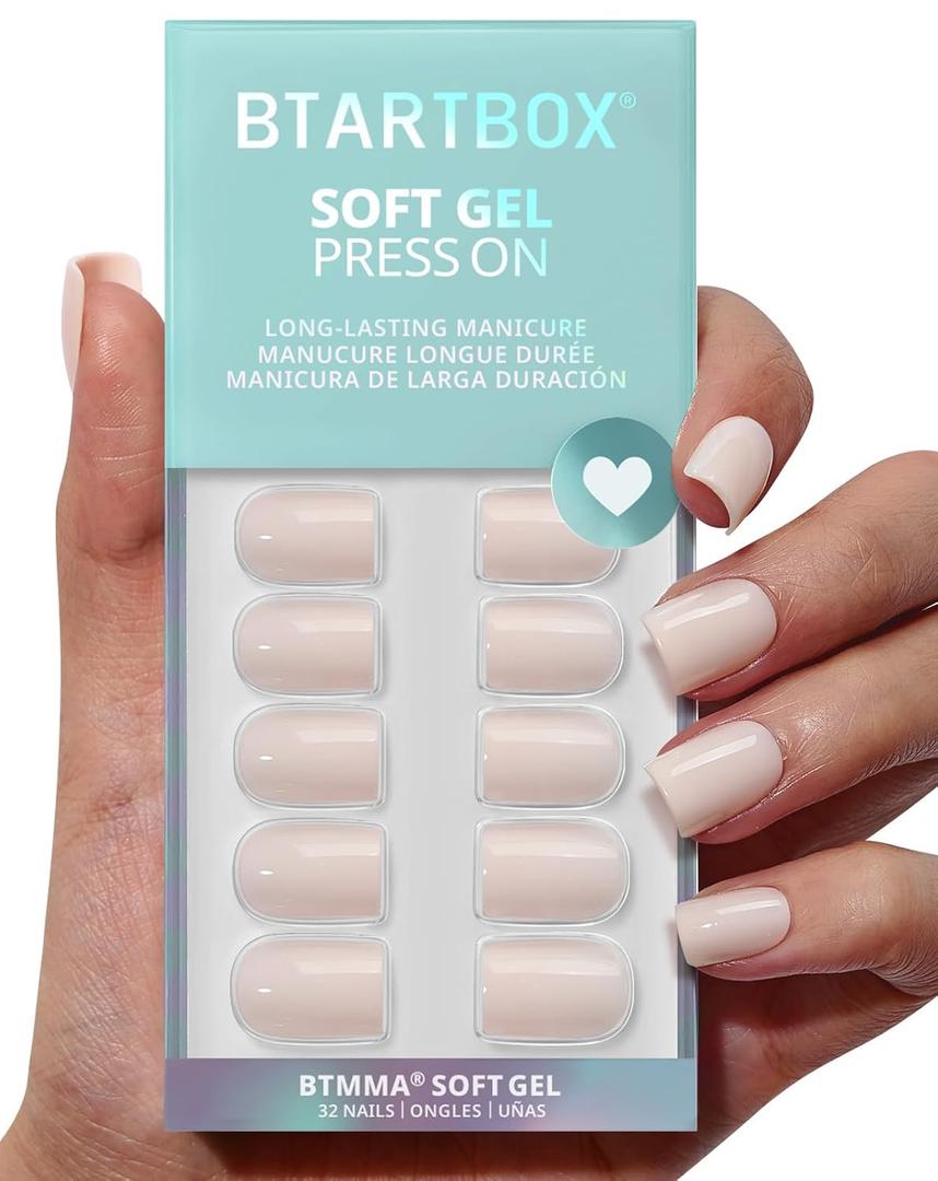 BTArtbox Press On Nails Square - Pastel Short Press On Nails with Glue for Women, Opaque Soft Gel Glue On Nails in 16 Sizes - 32 Stick On Nails Kit, Brief Nude