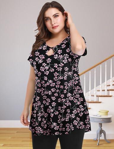 Plus Size Tunic Tops for Women, Women's Sexy Keyhole Short Sleeve Loose Fit Shirts Blouses, 2XL