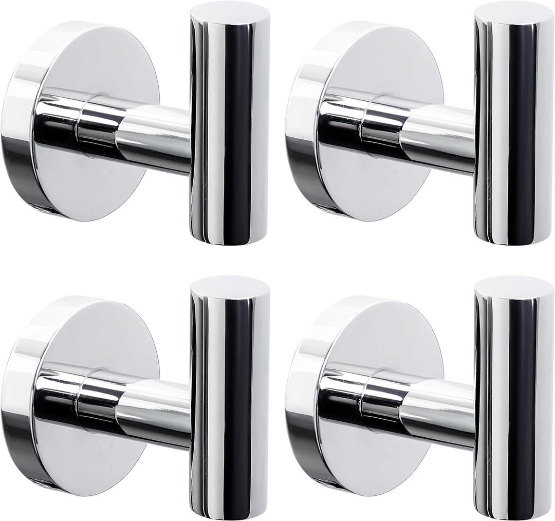 Kruodop Towel Hooks for Bathroom,4 Packs Wall Mount Towel Holder,Black Matte Wall Robe Hook,Stainless Steel Heavy Duty Door Hanger Towel Hook for Kitchen, Bedroom,Hotel,Pool,Coats (4pcs Chrome Finish)