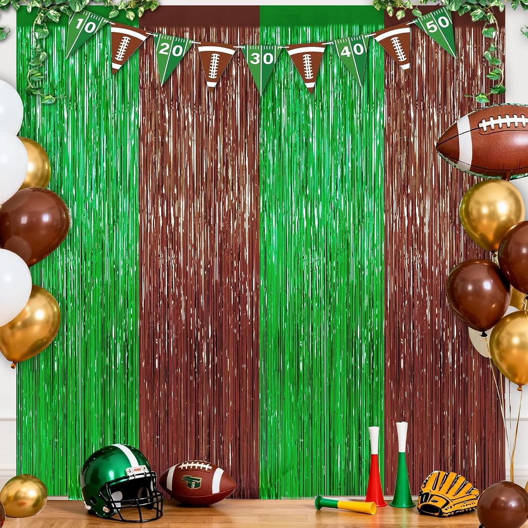 4 x 2Pack Football Party Decoration, Brown Green Foil Curtain Streamer Backdrop, 3.3 x 8.3 Ft