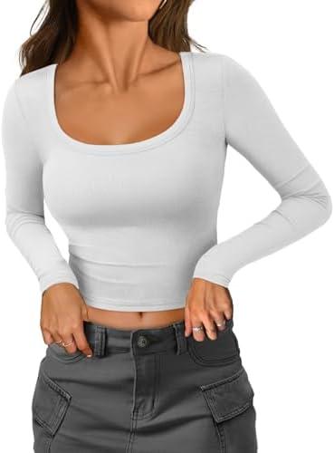 ATHMILE Womens Scoop Neck Long Sleeve Tops Fashion Ribbed Knit Shirts Slim Fitted Casual Basic Tee T Shirt for Women 2026 S
