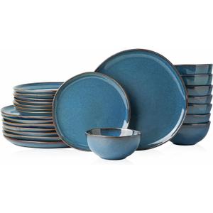 Stoneware Dinnerware Sets for 8, Reactive Glaze Plates and Bowls, Blue | 24-Piece Handcrafted Rustic Porcelain Dishes Set, Highly Scratch Resistant, Dishwasher & Microwave Safe