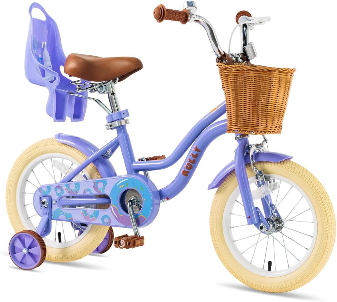 RULLY Donut Girls Bike 12 14 16 Inch Kids Bicycle for Toddlers Ages 3-8 with Training Wheels, Basket & Doll Seat, Retro Cruiser Style, Pink Purple Blue
