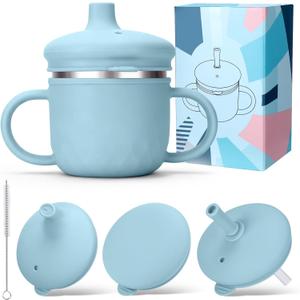 BUSOHA Stainless Steel Toddler Sippy Cup  8oz Spill-Proof Straw Cup for 6+ Month Babies & Toddlers, 3-in-1 Reusable Travel Cup with Brush  Dishwasher Safe, Kids Drinking Cup, Blue
