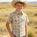 Boys Short Sleeve Button Down Shirt Casual Woven Summer Boys Dress Shirts with Two Pockets for Kids 5-12 Years