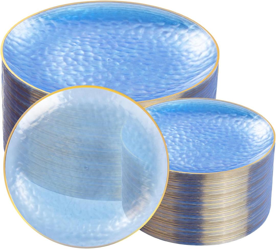 Rubtlamp 100Pcs Blue Gold Plastic Plates, Blue Disposable Plates With Gold Rim, Hammered Plastic Plates Include 50 Dessert Platos, 50 Dinner Platos for Party Rubtlamp 100Pcs Blue Gold Plastic Plates, Blue Disposable Plates With Gold Rim, Hammered Plastic Plates Include 50 Dessert Platos, 50 Dinner Platos for Party