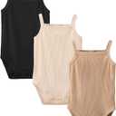 OPAWO Onsies for Baby Girls' Bodysuits 3 Pack Neutral Baby Clothes Spaghetti Strap & Long Sleeve Fall Baby Undershirt 0-2T (6-9 Months, Black/Apricot/Beige)