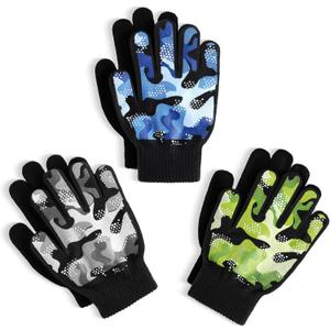 Glooarm 3 Pairs Kids Gloves Winter Gripper Knit Magic Gloves Stretch Warm Cold Weather Gloves for Boys Girls 4-12 Years (6-8 Years, Camo)