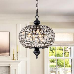 Vintage Crystal Chandeliers for Dining Room, 16.4" Farmhouse Black Dining Room Light Fixture with Gold Accents Foyer Chandelier for High Ceiling Living Room Kitchen Entryway, 17"W x 21"H