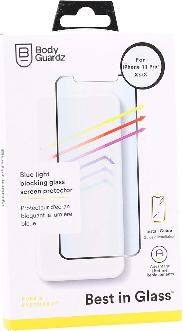 BodyGuardz - Pure 2 Eye Guard Glass Screen Protector for iPhone 11 Pro Blue Light Edge-to-Edge Glass Protector - Case Friendly