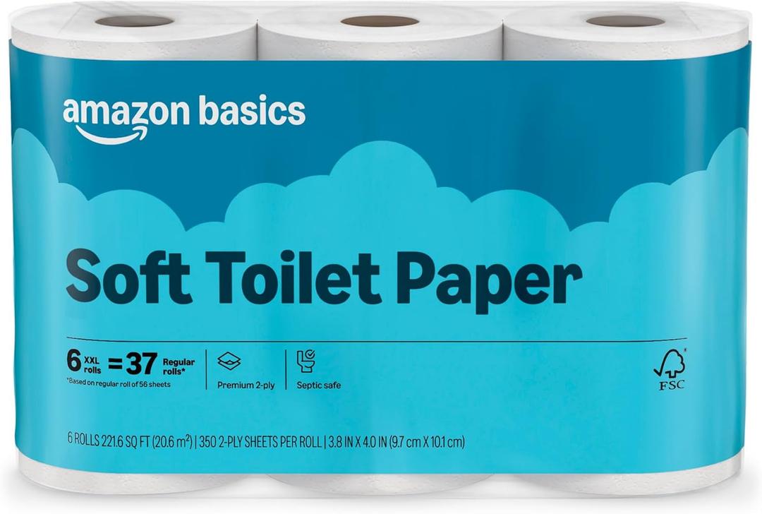 5 x Amazon Basics 2-Ply Soft Toilet Paper, 6 Rolls, 350 Sheets per Roll, Equivalent to 37 Regular Rolls, Septic Safe