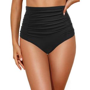 Tempt Me Women's High Waisted Swimsuit Bottom Tummy Control Ruched Bikini Bottom Vintage Swim Bottom Tankini Briefs (Black) 24W