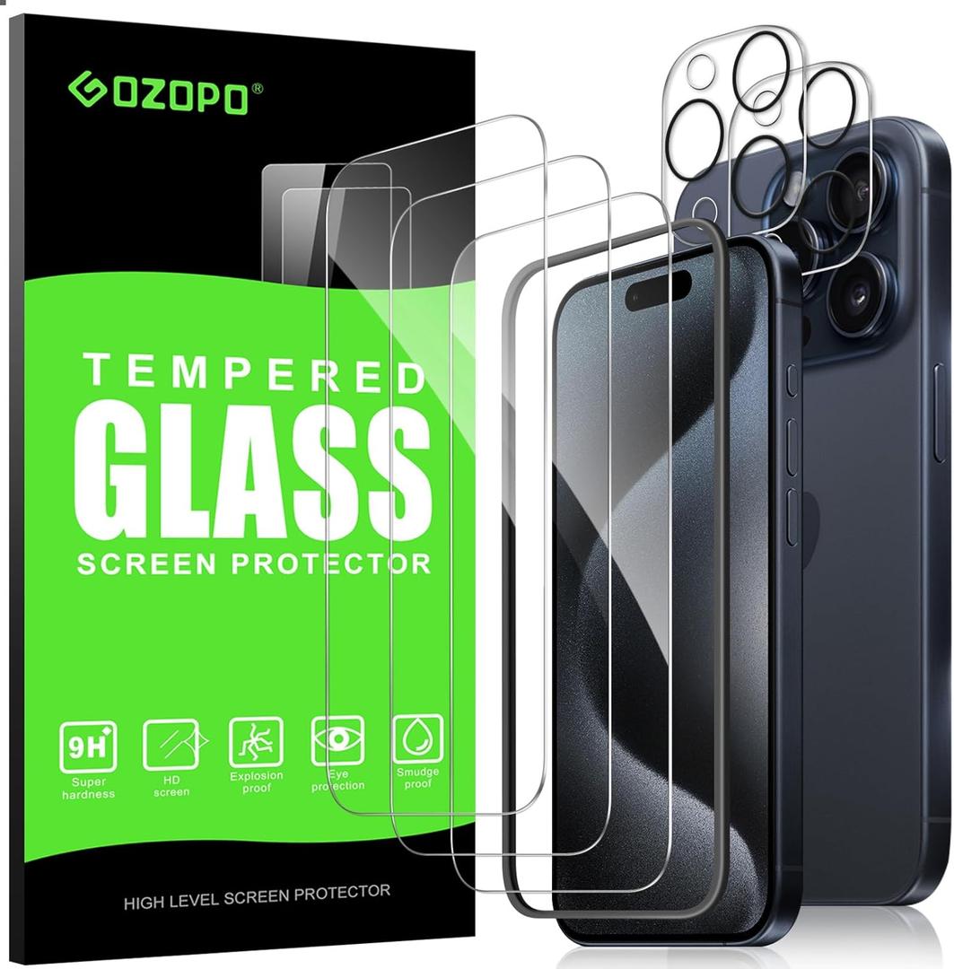for iPhone 15 Pro Max (6.7 inch), 3 Screen Protector + 2 Lens Protector, with Easy Installation Tool, HD Clear, 9H Hardness, No Bubbles