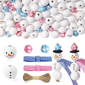180pcs Christmas Wooden Beads, Snowman Wooden Beads Snowman Face Wooden Beads Buffalo Plaid Wood Beads Christmas Beads for Crafts DIY Christmas Tree Home Decoration