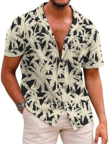 Corkifux Mens Hawaiian Shirts Button Down Short Sleeve Tropical Beach Summer V Neck Palm Tree Shirt (Large)