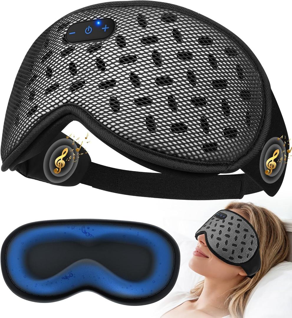MUSICOZY Bluetooth Sleep Mask, Cooling Weighted Eye Mask with Bluetooth Headphones for Side Sleepers, 3D Contoured Relaxing No Pressure Eye Cover to Block Light for Night Sleeping(Grid Black)