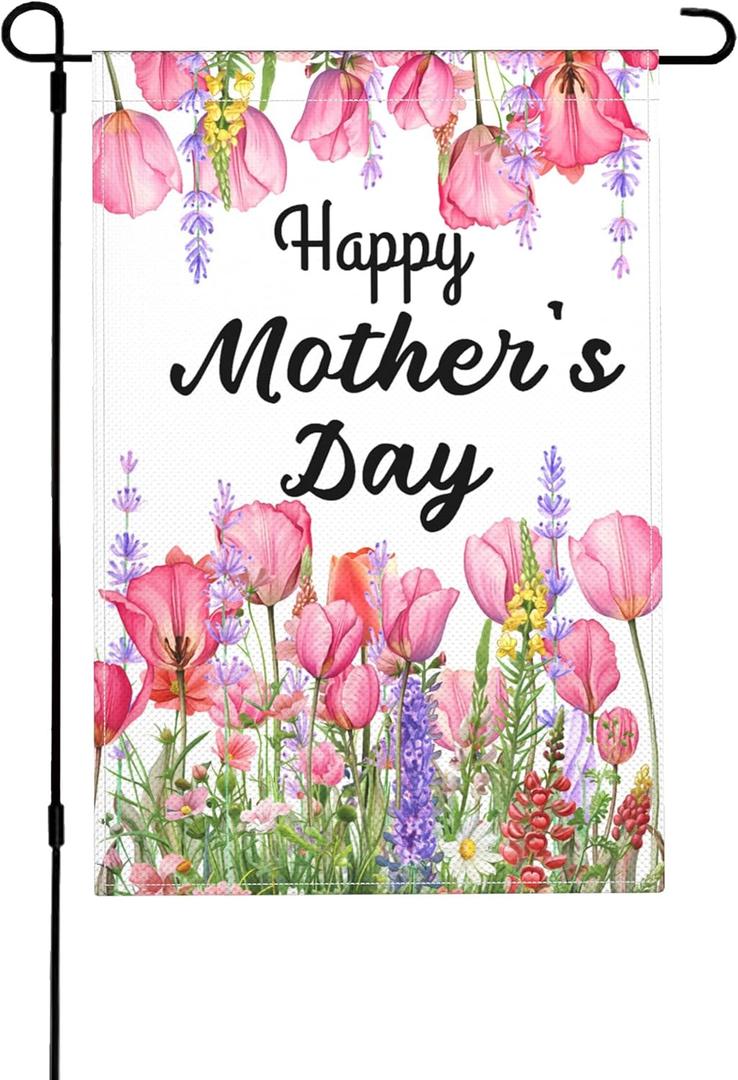 Happy Mothers Day Garden Flag for Outside Double Sided Spring Summer Love Mom Welcome Floral Burlap 12x18 Inch Vertical Yard Lawn Outdoor Decoration
