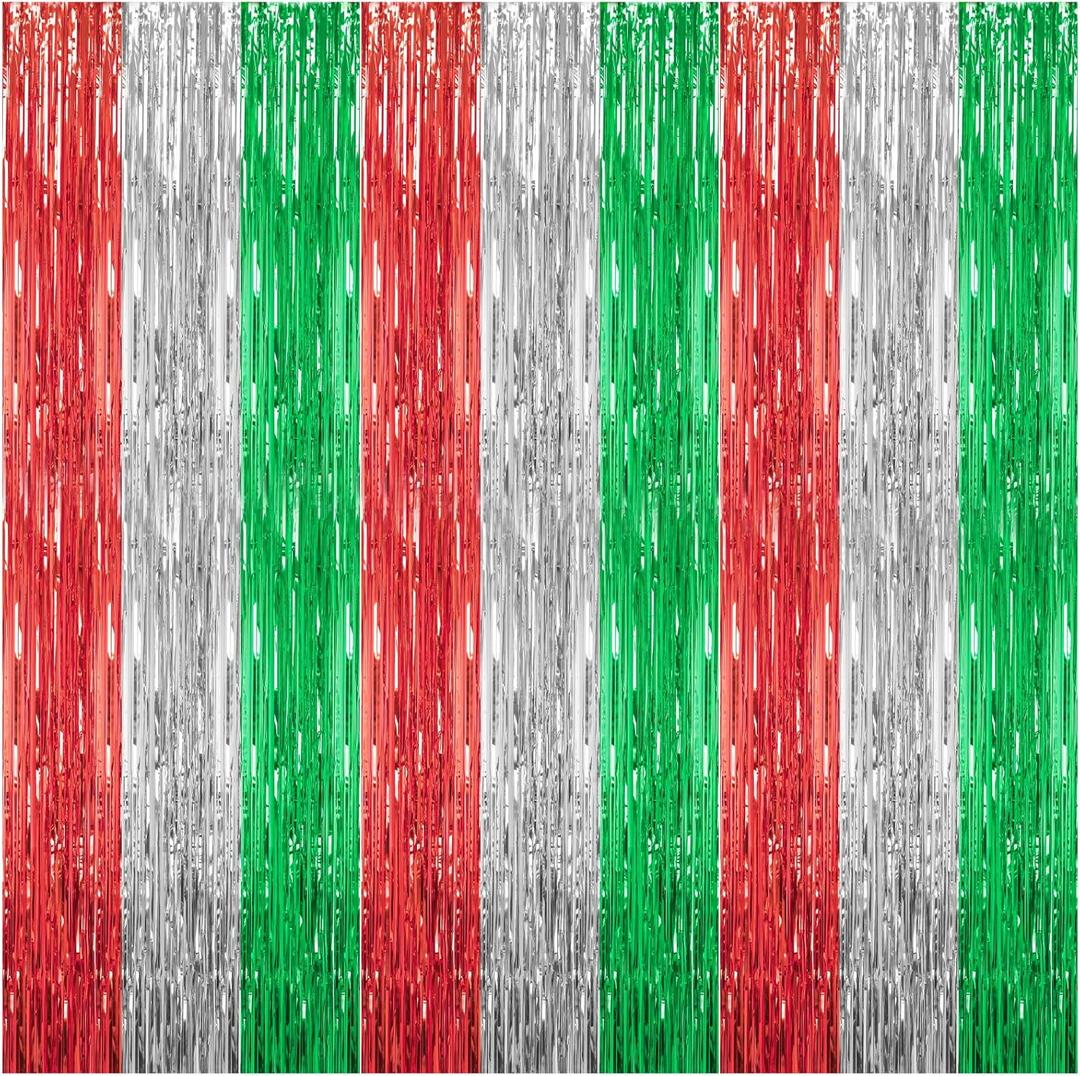 3 Pack Foil Fringe Backdrop - Shiny Tinsel Curtains for Party Decoration/Photo Booth Props - 3.3x8.2FT Metallic Foil Backdrop for Birthday, Wedding, Graduation, Christmas-Red&Silver&Green
