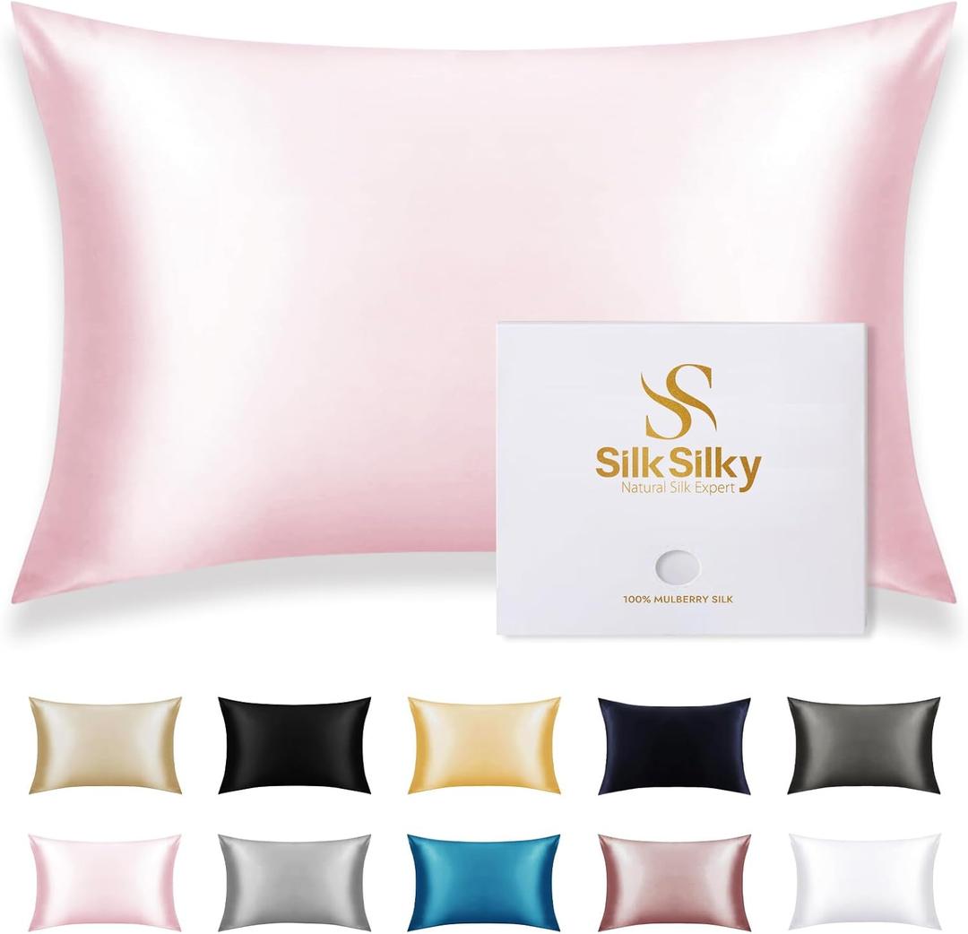 SilkSilky 100% Mulberry Silk Pillowcase - Pure 22 Momme High-Grade 6A Fibers for Hair & Skin, Envelope Closure, Natural, Organic, Breathable & Cooling Pillow Case (Standard, Pink)