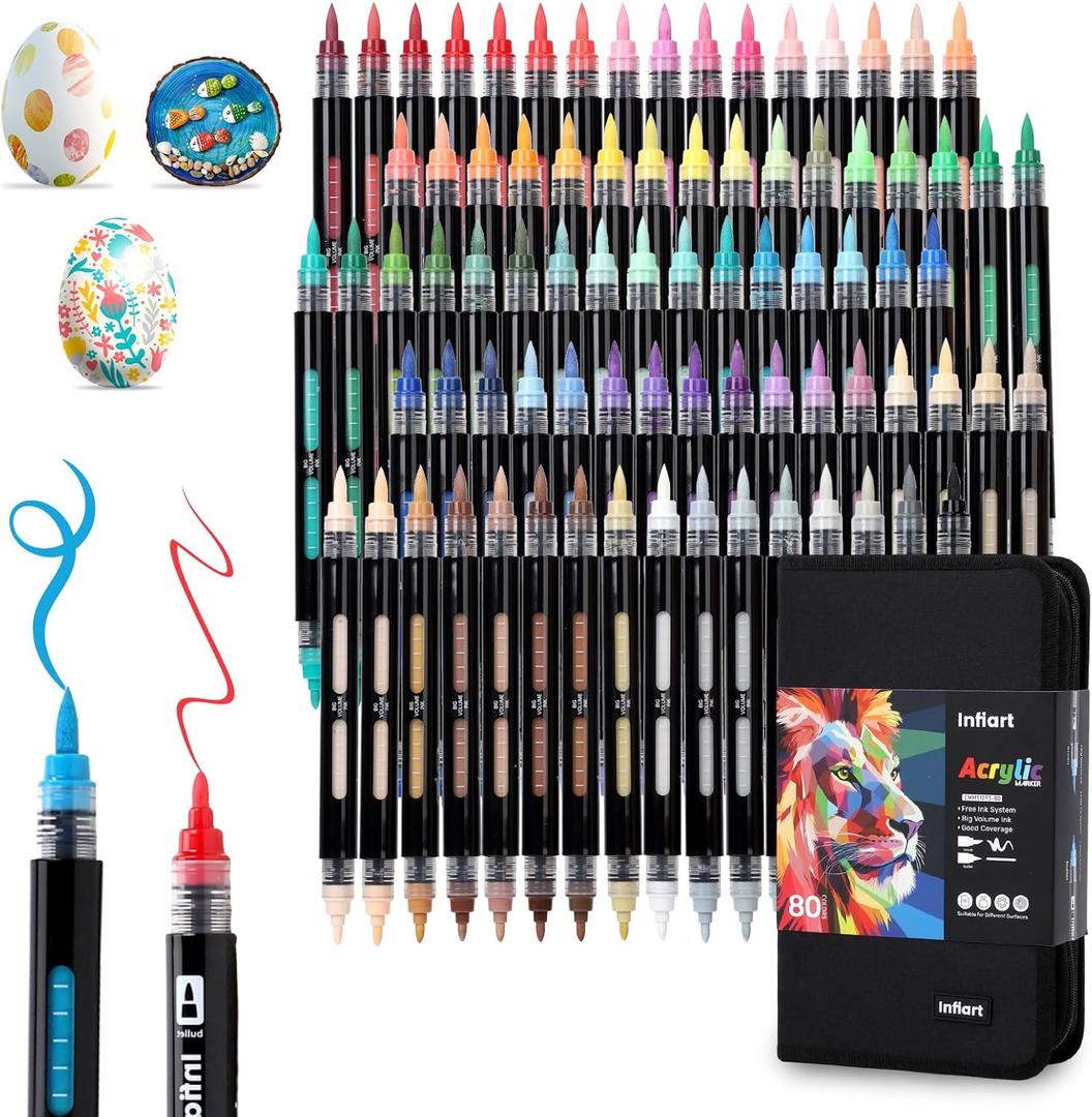 80 Colors Acrylic Paint Markers Dual Tip, Automatic Ink Control Acrylic Paint Pens Fine Tip and Brush Tip Acrylic Markers for Holiday Decorations, Glass, Stone, Wood, DIY & Art Supplies