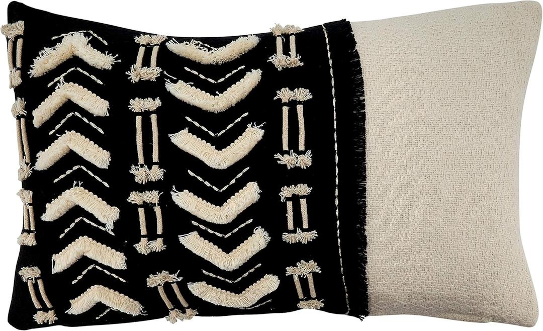 SARO LIFESTYLE Noir Et Blanc Collection Embroidered and Embellished Pillow Cover, 12"x20", Black & White