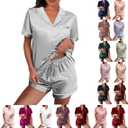 Womens Silk Satin Pajamas Loungewear Two-Piece Sleepwear Button-Down Light Grey Pj Set (Medium)