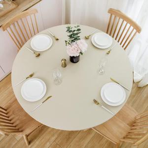 NLMUVW Round Fitted Vinyl Tablecloth with Elastic Edge 100% Waterproof Oil Proof PVC Table Cloth Wipe Clean Table Cover for Indoor and Outdoor, Champagne, 32"- 36"