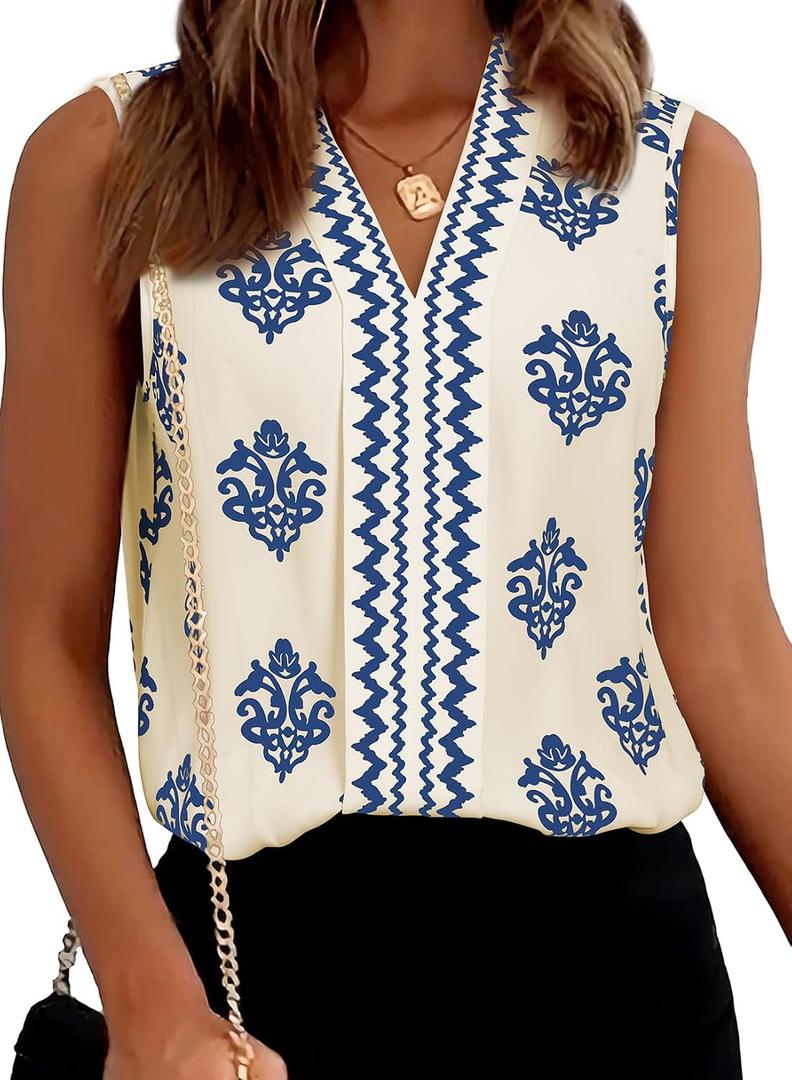 BLENCOT Women's Summer Tank Tops Chiffon V Neck Sleeveless Floral Printed Shirts Blouse (L)