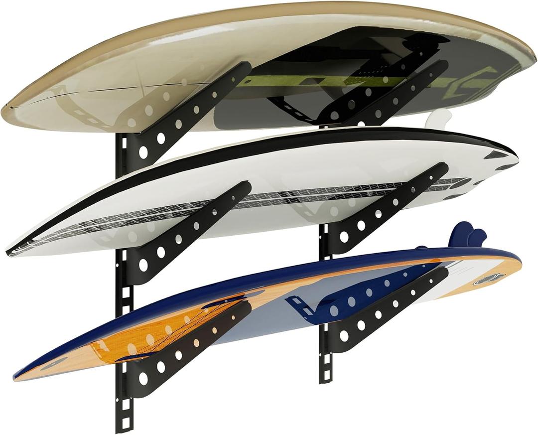 3 Board Horizontal Surfboard Rack, Adjustable Surfboard Wall Mount Display, Surfboard Wall Rack Board Storage Mount System at Home and Garage