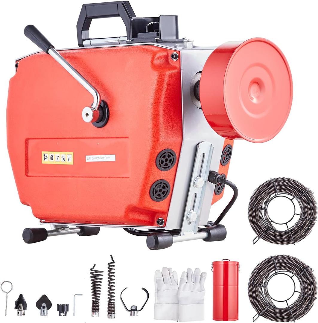 VEVOR 120FT x 7/8 Inch Drain Cleaner Machine, 420W Electric Sewer Snake Auger Manual Feed - with 6 Cutters, 2 Steel Cables (120' x 7/8" and 18' x 3/8") & CW/CCW Control for 1.9" to 6" Pipes (Red)