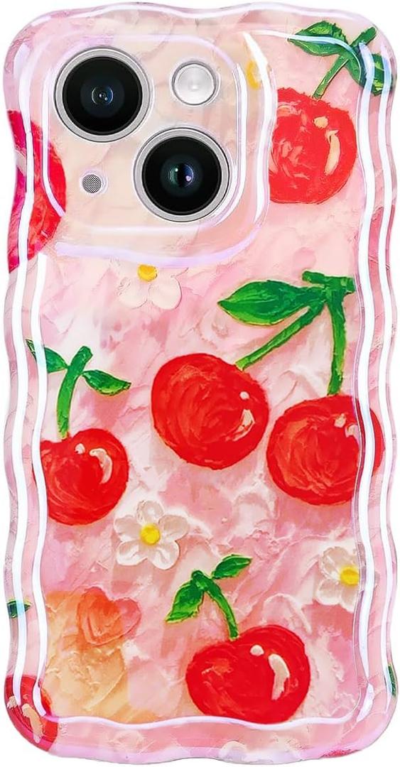 for iPhone 13 Case,Cute Summer Flower Cherry Phone Case,Kawaii Shockproof TPU Raised Edges Curly Wavy Laser Beam Glossy,Aesthetic Retro Fruit Girly Cases Women Girls(6.1",Cherry)