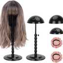 Wig Stand - Plastic Wig Stand 2 Packs Portable Foldable Wig Hat with Velvet Cover Holder Height Adjustable (12-18.8 Inches) Easy to Install Support Wig Display Stand (Black)