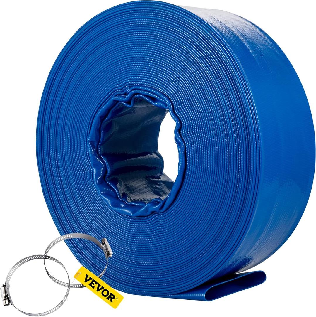 VEVOR Discharge Hose, 3" x 105', PVC Lay Flat Hose, Heavy Duty Backwash Drain Hose with Clamps, Weather-proof & Burst-proof, Ideal for Swimming Pool & Water Transfer, Blue VEVOR Discharge Hose, 3" x 105', PVC Lay Flat Hose, Heavy Duty Backwash Drain Hose with Clamps, Weather-proof & Burst-proof, Ideal for Swimming Pool & Water Transfer, Blue