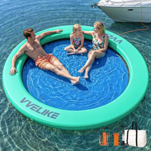 Water Hammock for Adults Heavy Duty, Large Round Inflatable Pool Lounger Float, 8ft Big Circle Floating Lounge Haven Lake River Island, Fits Multi-People Party Sunchill Tanning