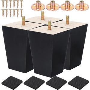 4 Pcs 4 inch Wood Furniture Legs - Square Sofa Legs, Couch Leg -Black Mid-Century Modern Replacement Legs for Armchair Recliner Coffee Table Dresser (4")