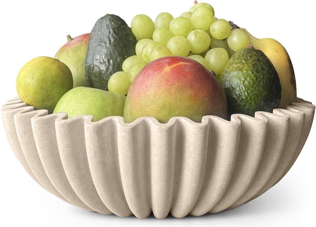 12" Extra Large Decorative Bowl Decorative Fruit Bowl for Kitchen Counter, Modern Handmade Bowls for Home Decor, Ruffle Decor, Stylish Key Bowl for Entryway Table, Beige Artificial Stone