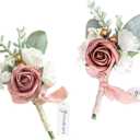 Lookein Set of 2 Wedding Boutonniere for Men Artificial Flowers Wedding Groom Groomsmen Boutonniere for Wedding Ceremony Anniversary Formal Dinner Party, Dusty Rose (Pack of 2)