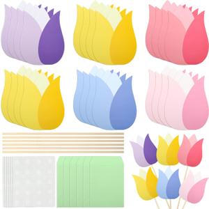Eaasty 24 Sets Tulip Gift Card Sleeves DIY Gift Card Bouquet Kit Colorful Flower Cards Holder with Sticks for Spring Teacher Appreciation Week Mother's Day Thank You Presents