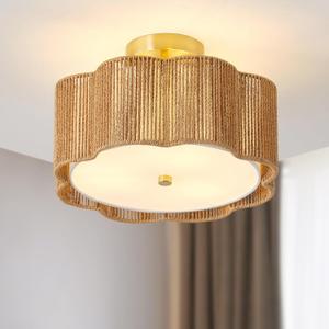 Rattan Ceiling Light Fixtures Flush Mount,3-Light Boho Light Fixtures Ceiling Mount for Bedroom,Close to Ceiling Light Modern Rattan Chandelier Lighting for Hallway Kitchen Dining Room(Yellow)